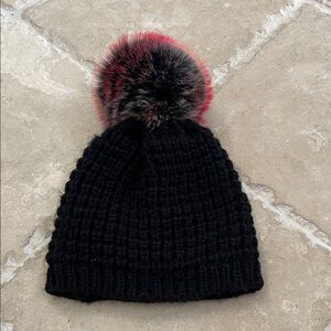 Black Knit Hat with fleece lining, Red Pom-Pom